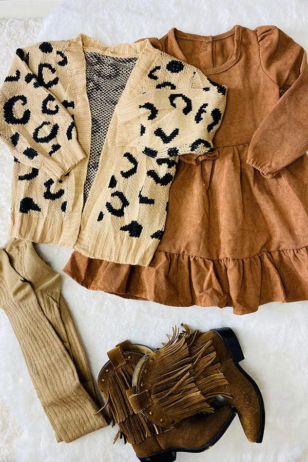 240608M Mom and me  knitted brown leopard open sweater wholesale kids clothes