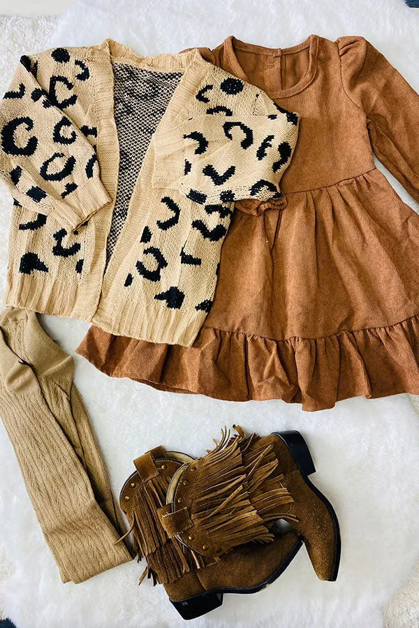 240608M Mom and me  knitted brown leopard open sweater wholesale kids clothes