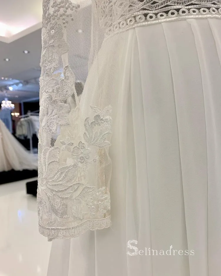 A-line V neck Long Sleeve Embroidery Wedding Dress Romantic Bridal Dresses RYU025