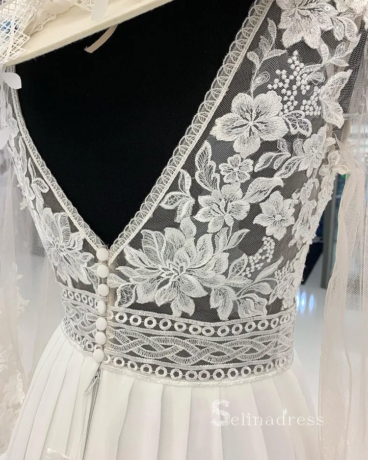 A-line V neck Long Sleeve Embroidery Wedding Dress Romantic Bridal Dresses RYU025