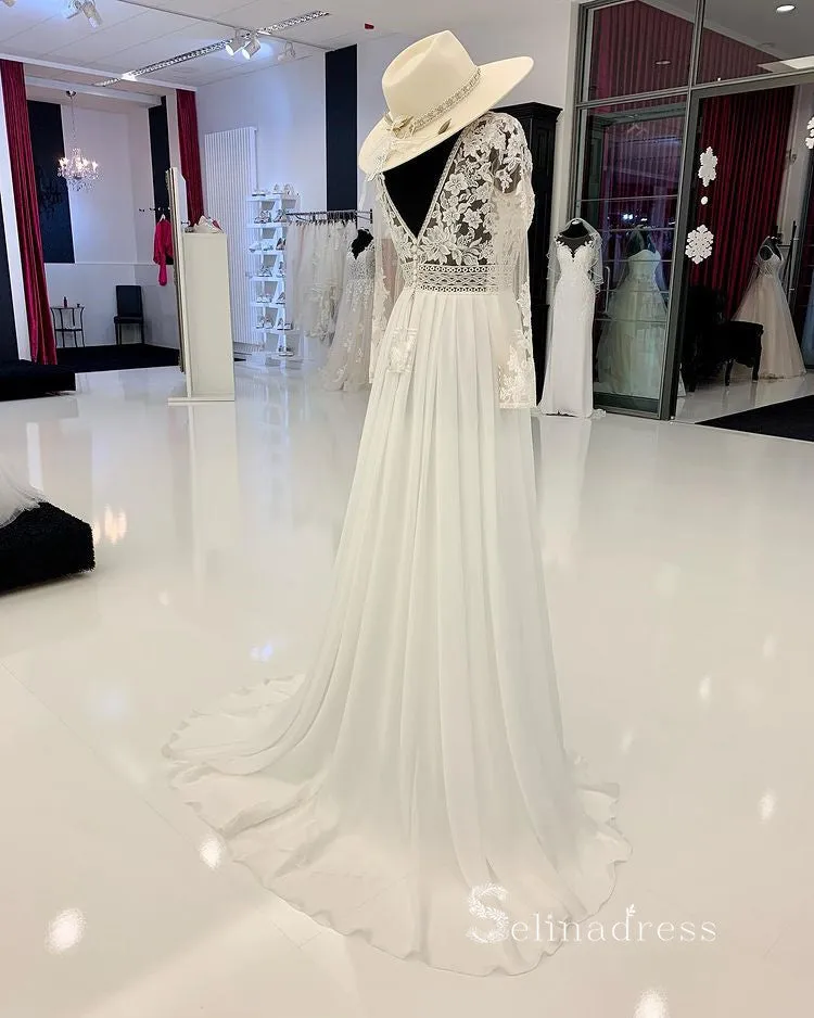 A-line V neck Long Sleeve Embroidery Wedding Dress Romantic Bridal Dresses RYU025