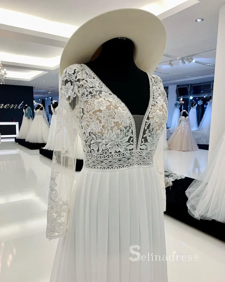 A-line V neck Long Sleeve Embroidery Wedding Dress Romantic Bridal Dresses RYU025