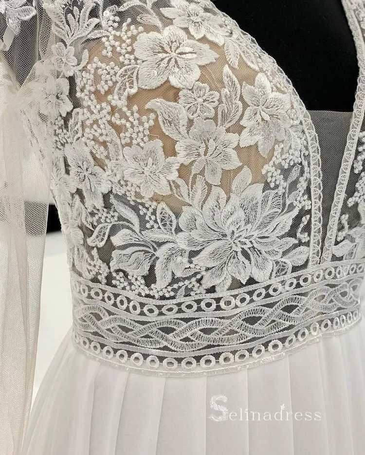 A-line V neck Long Sleeve Embroidery Wedding Dress Romantic Bridal Dresses RYU025