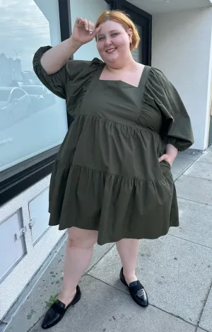 A New Day Olive Green Square Neck Puff Sleeve Tiered Dress, Size 3X