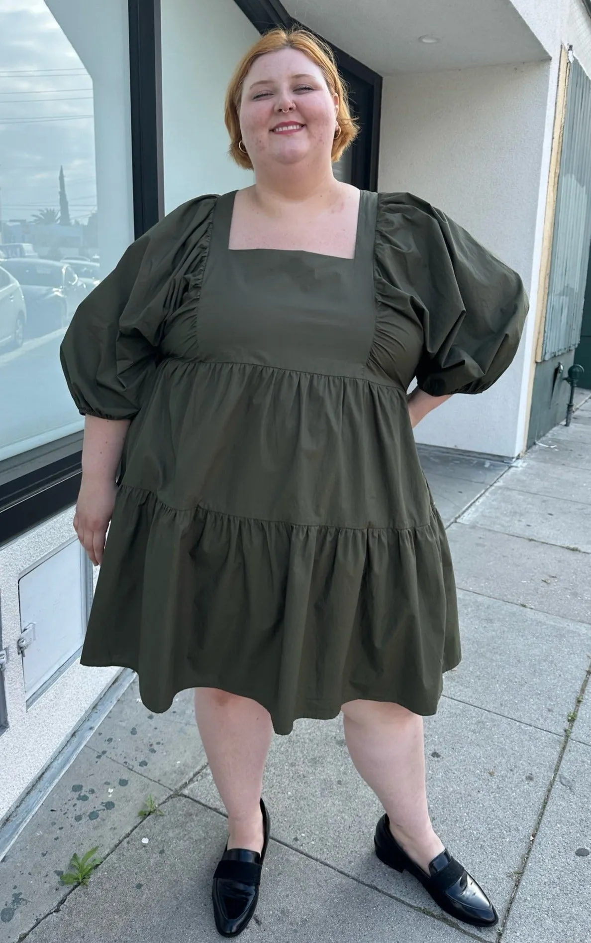 A New Day Olive Green Square Neck Puff Sleeve Tiered Dress, Size 3X