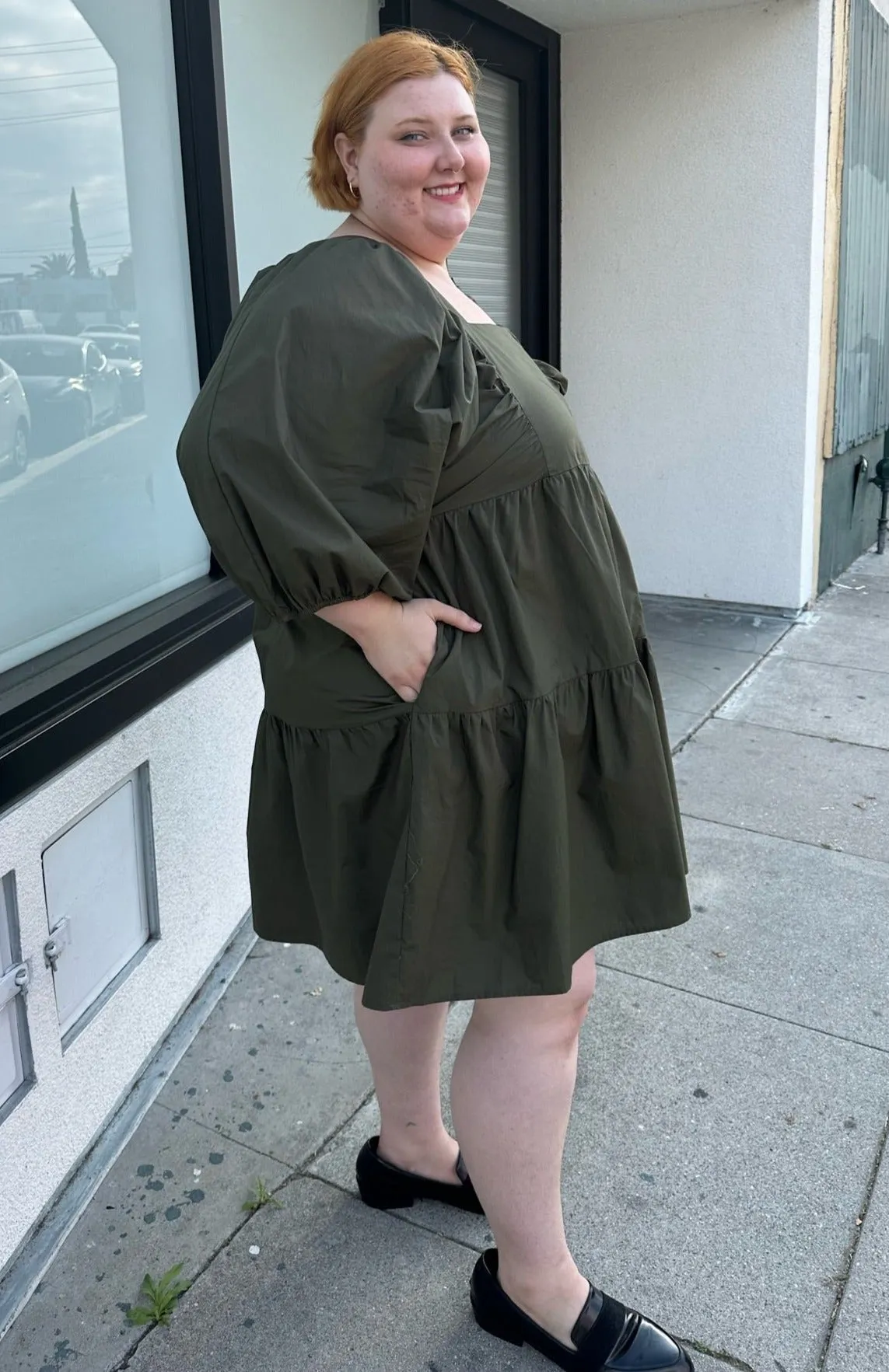 A New Day Olive Green Square Neck Puff Sleeve Tiered Dress, Size 3X
