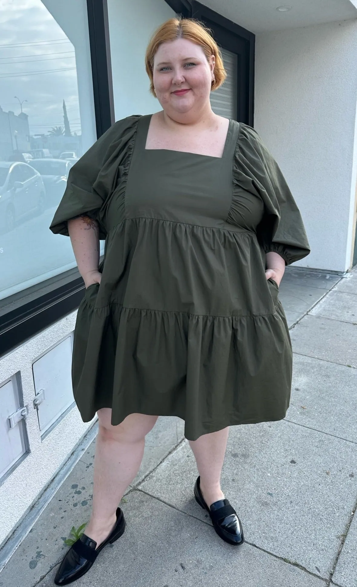 A New Day Olive Green Square Neck Puff Sleeve Tiered Dress, Size 3X