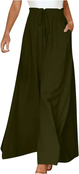 Beach Pants for Women Wide Leg Elastic Waisted Chiffon Baggy Flowy Long Lounge Trousers Vacation Pant with Pockets