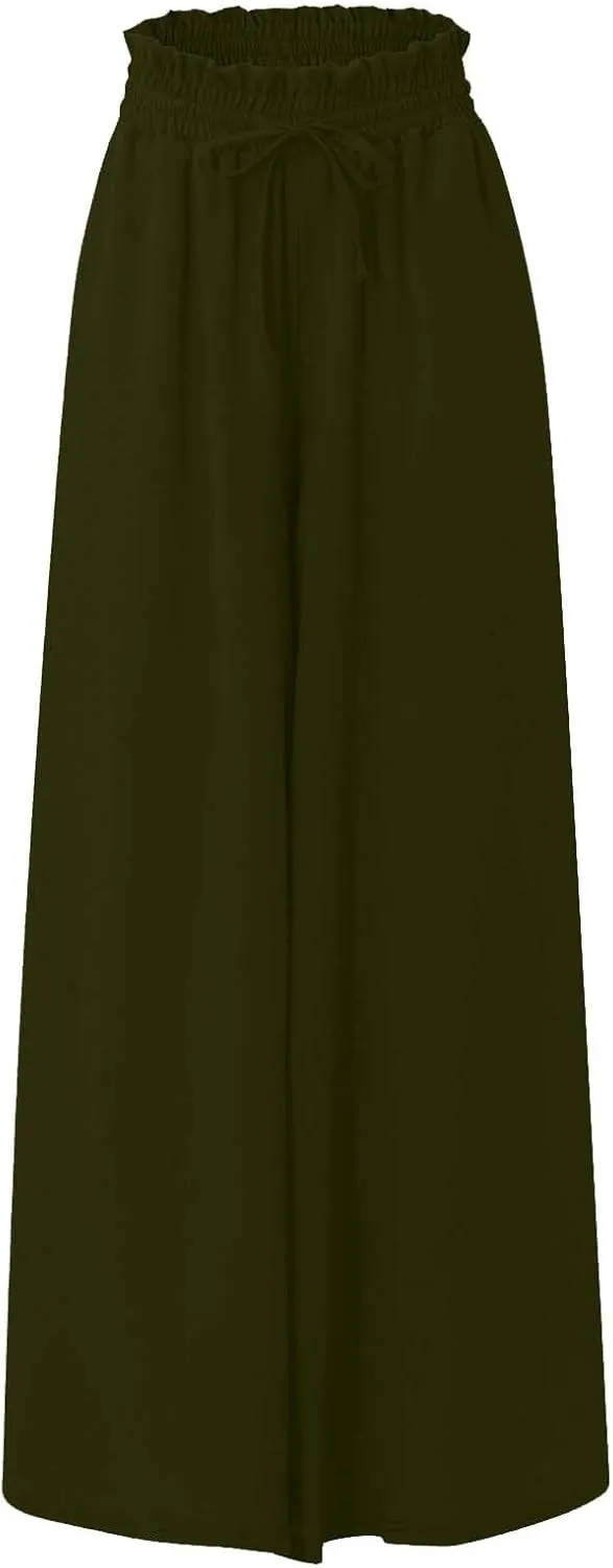 Beach Pants for Women Wide Leg Elastic Waisted Chiffon Baggy Flowy Long Lounge Trousers Vacation Pant with Pockets