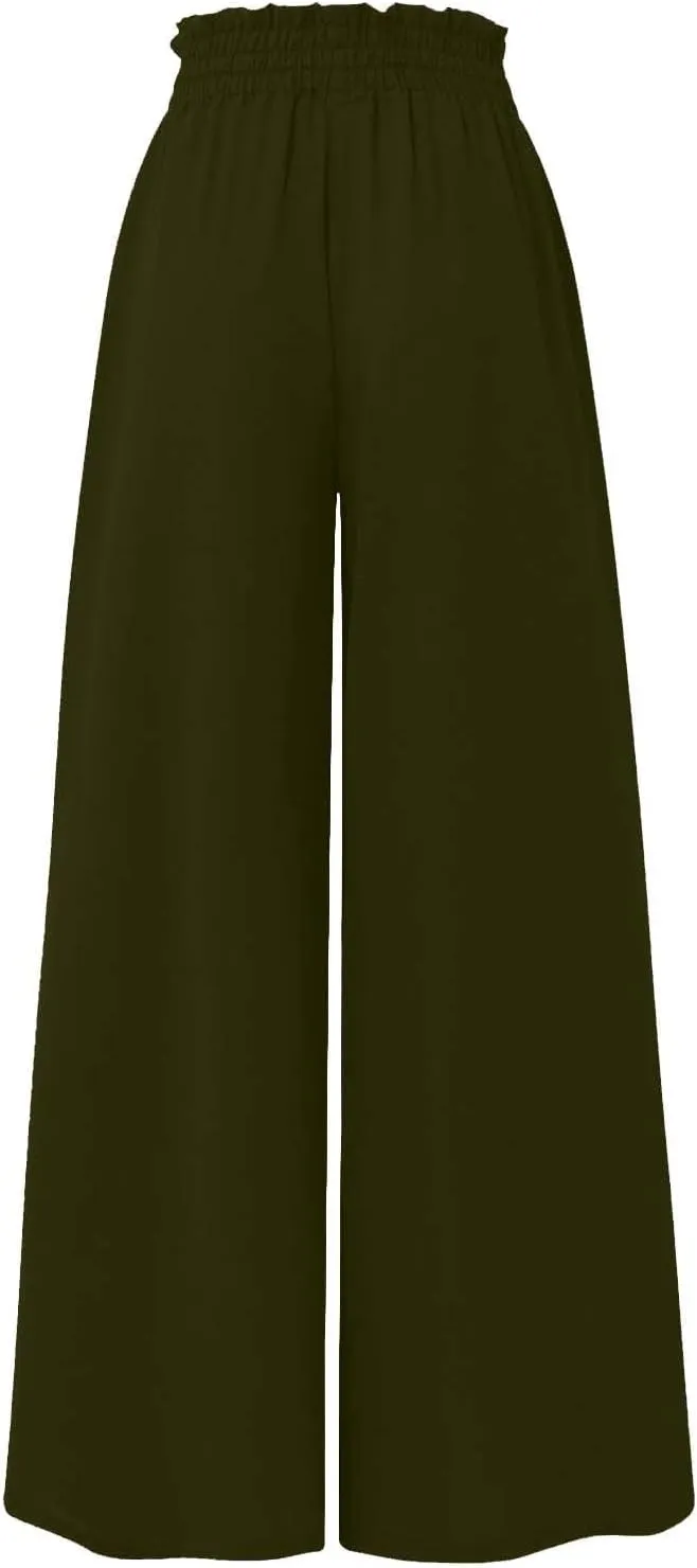 Beach Pants for Women Wide Leg Elastic Waisted Chiffon Baggy Flowy Long Lounge Trousers Vacation Pant with Pockets