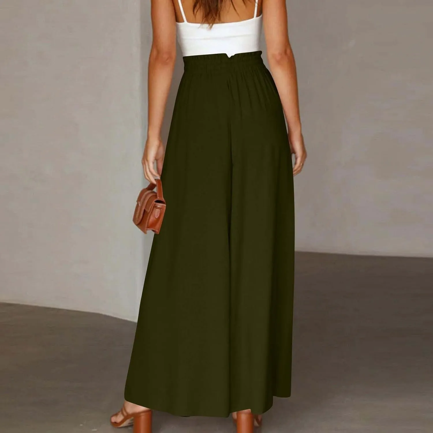 Beach Pants for Women Wide Leg Elastic Waisted Chiffon Baggy Flowy Long Lounge Trousers Vacation Pant with Pockets