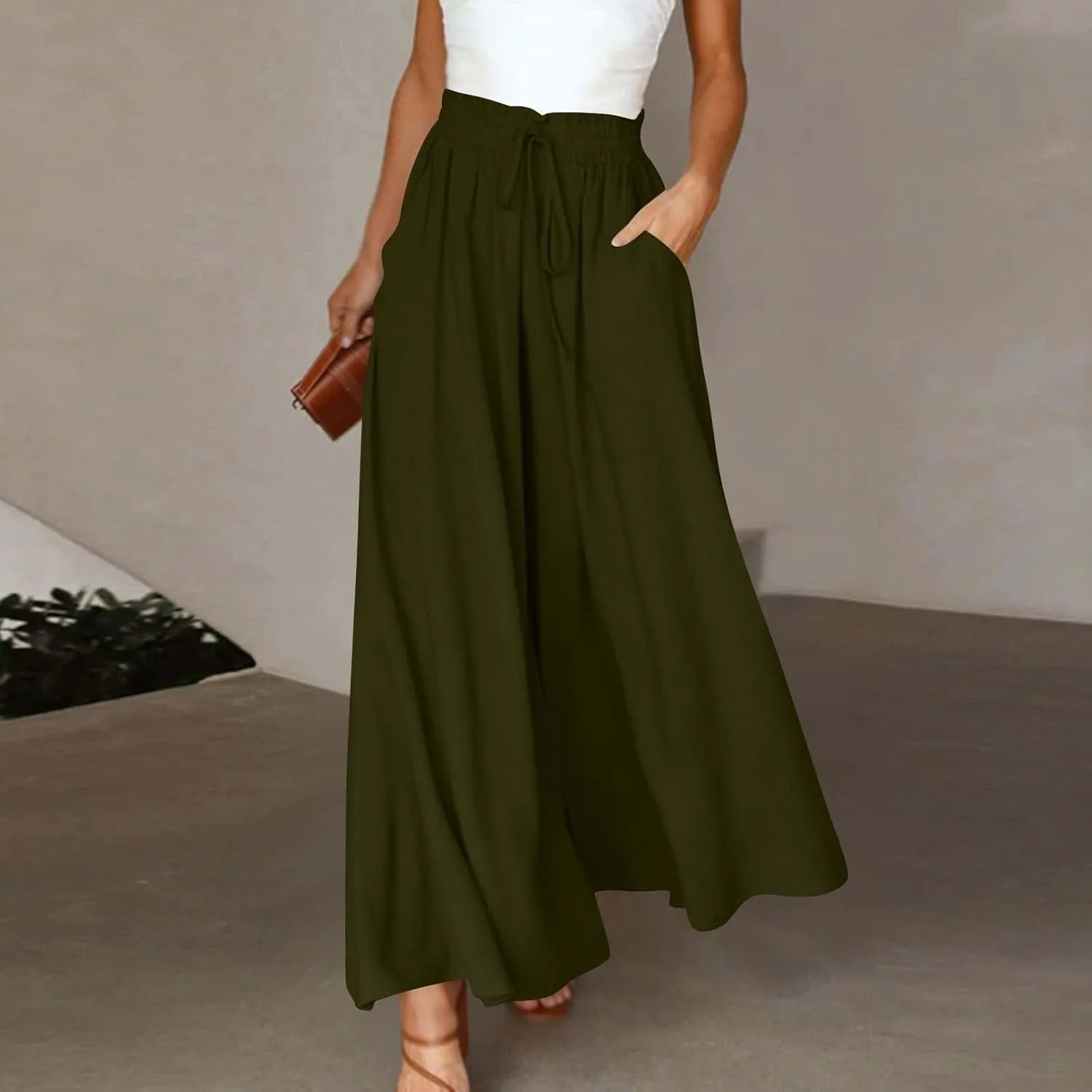 Beach Pants for Women Wide Leg Elastic Waisted Chiffon Baggy Flowy Long Lounge Trousers Vacation Pant with Pockets