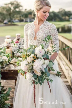 Beautiful Long Sleeve Wedding Dresses V-neck Ivory Lace Romantic Bridal Gown SEW031