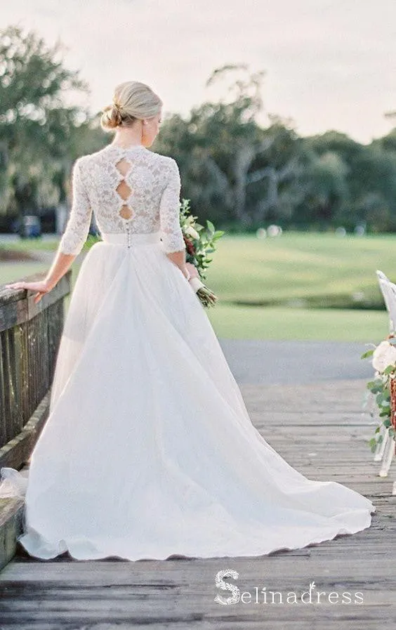 Beautiful Long Sleeve Wedding Dresses V-neck Ivory Lace Romantic Bridal Gown SEW031