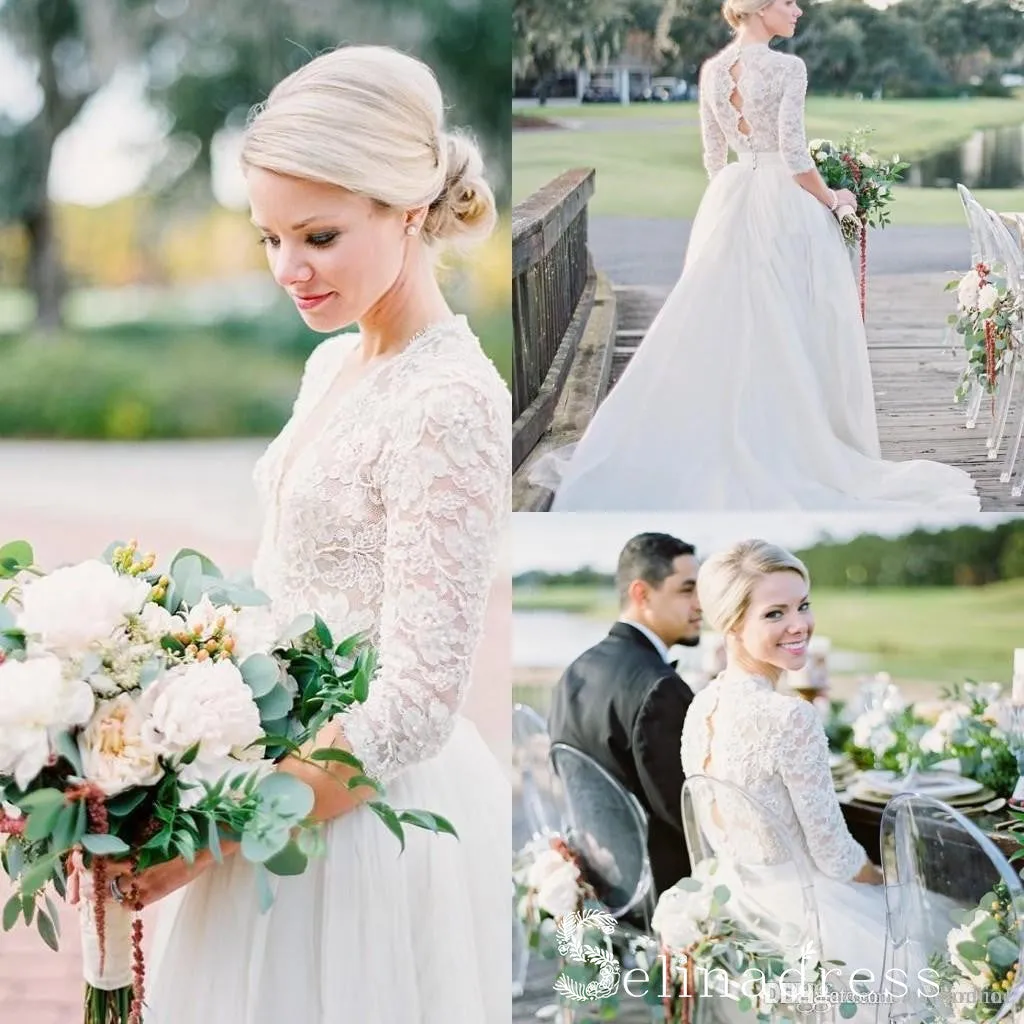 Beautiful Long Sleeve Wedding Dresses V-neck Ivory Lace Romantic Bridal Gown SEW031