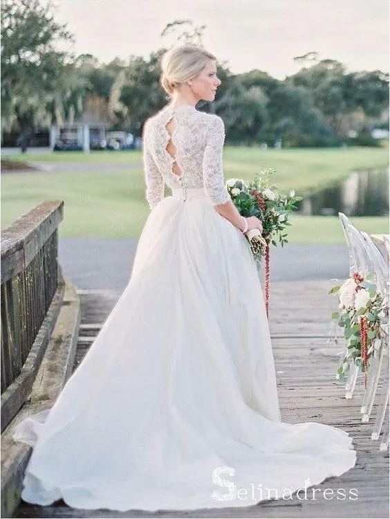 Beautiful Long Sleeve Wedding Dresses V-neck Ivory Lace Romantic Bridal Gown SEW031