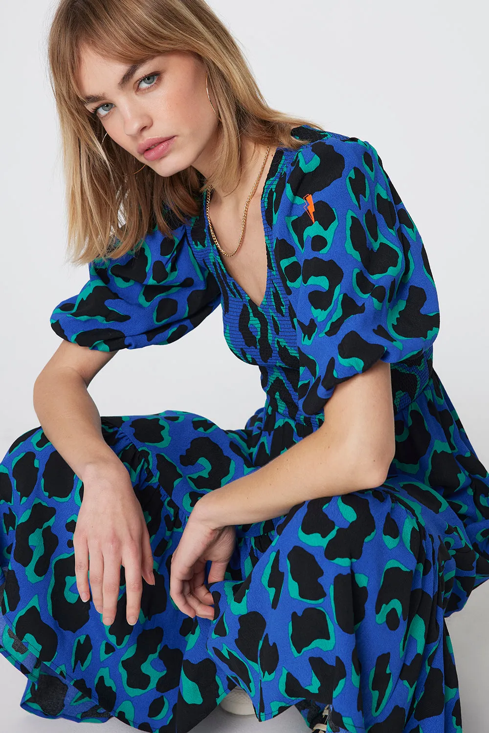 Blue with Green and Black Mega Leopard Shirred Puff Sleeve Midi Dress