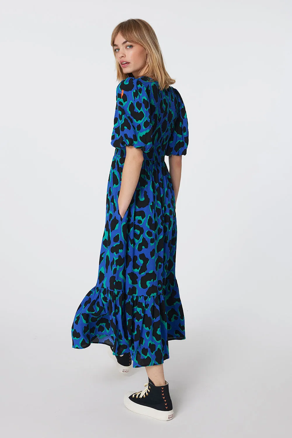 Blue with Green and Black Mega Leopard Shirred Puff Sleeve Midi Dress