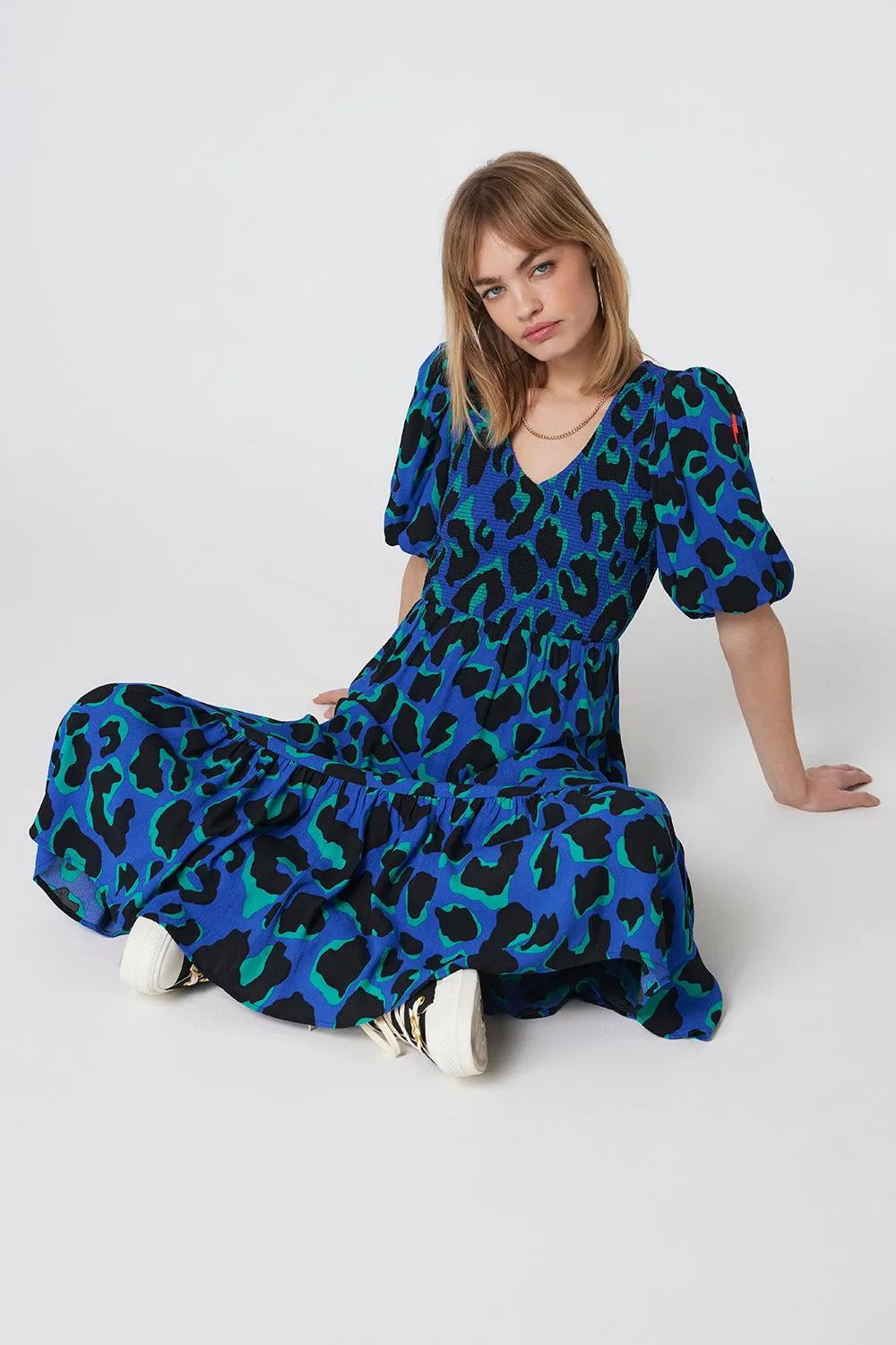 Blue with Green and Black Mega Leopard Shirred Puff Sleeve Midi Dress