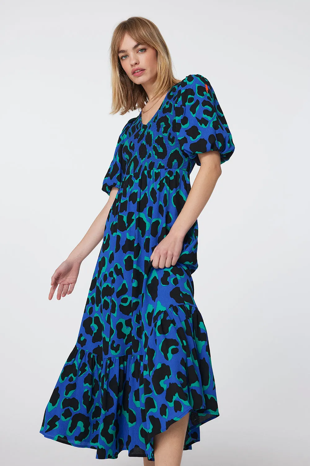 Blue with Green and Black Mega Leopard Shirred Puff Sleeve Midi Dress