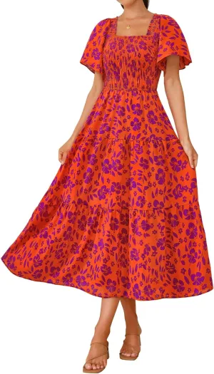 BTFBM Summer Floral Dress for Women 2025 Spring Boho Short Sleeve Square Neck Smocked Flowy Maxi Beach Vacation Dresses