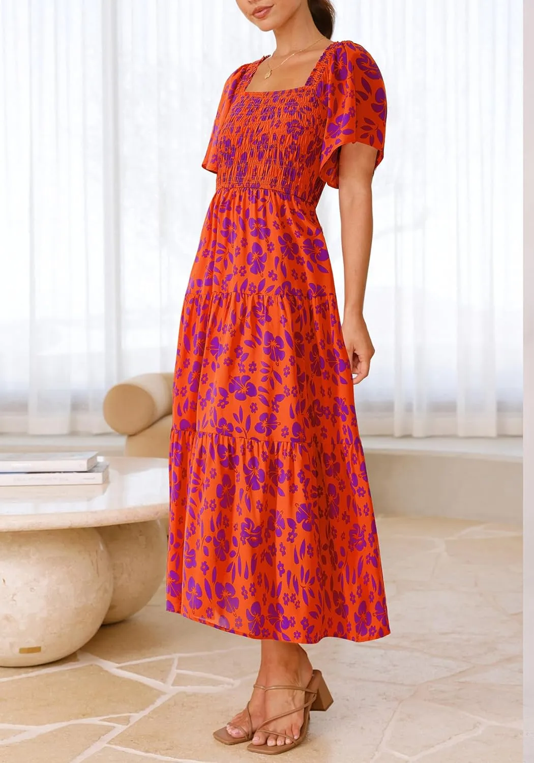 BTFBM Summer Floral Dress for Women 2025 Spring Boho Short Sleeve Square Neck Smocked Flowy Maxi Beach Vacation Dresses