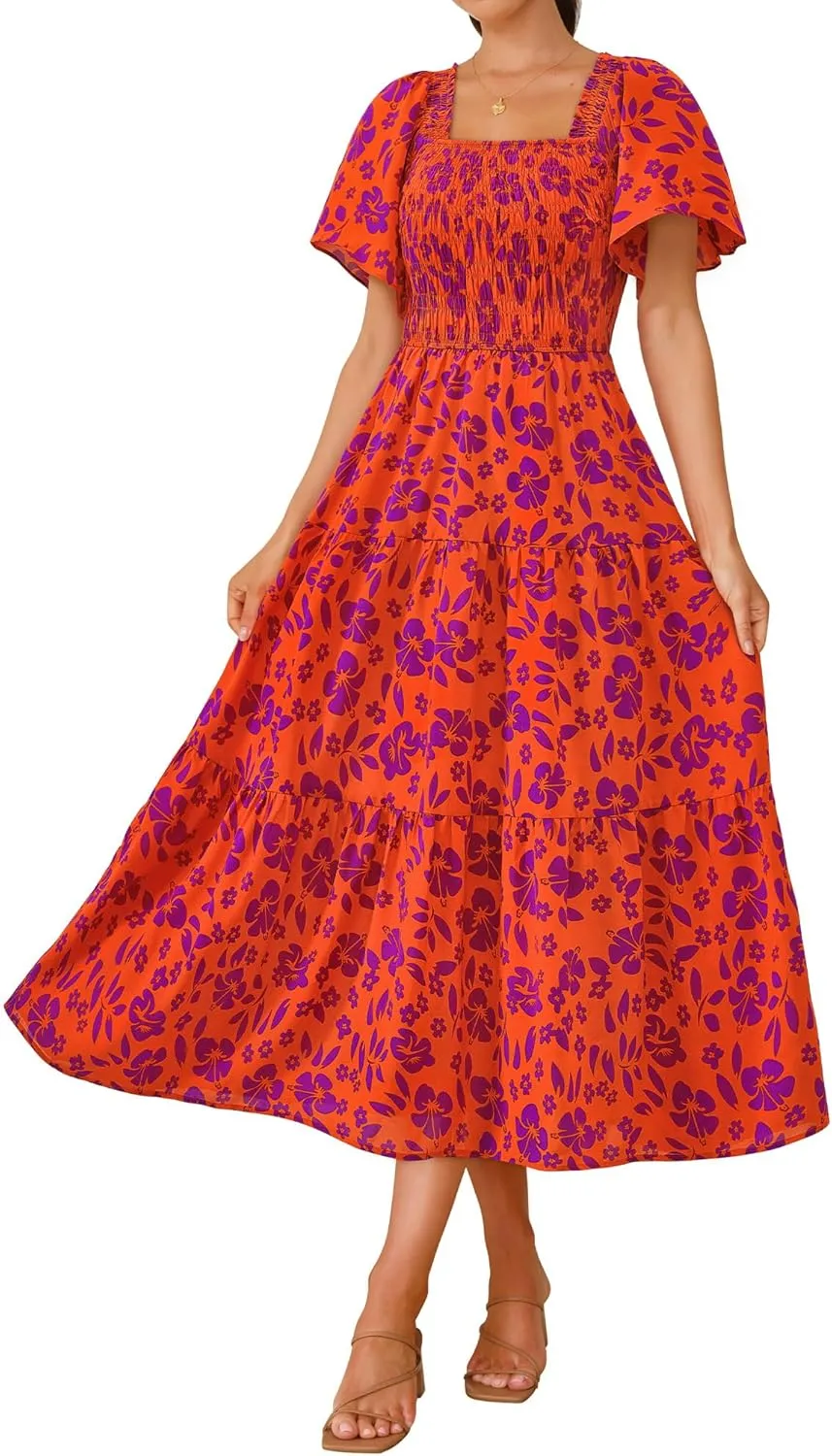 BTFBM Summer Floral Dress for Women 2025 Spring Boho Short Sleeve Square Neck Smocked Flowy Maxi Beach Vacation Dresses
