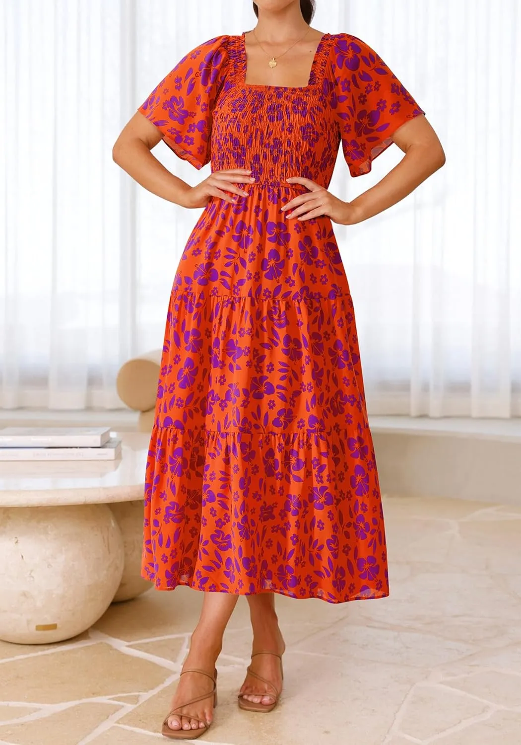 BTFBM Summer Floral Dress for Women 2025 Spring Boho Short Sleeve Square Neck Smocked Flowy Maxi Beach Vacation Dresses