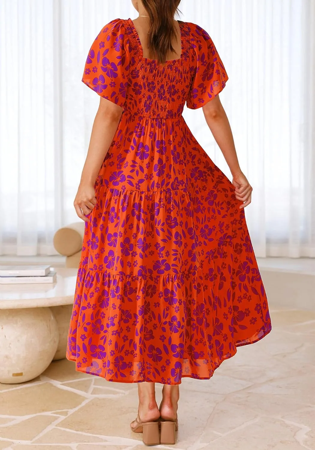 BTFBM Summer Floral Dress for Women 2025 Spring Boho Short Sleeve Square Neck Smocked Flowy Maxi Beach Vacation Dresses