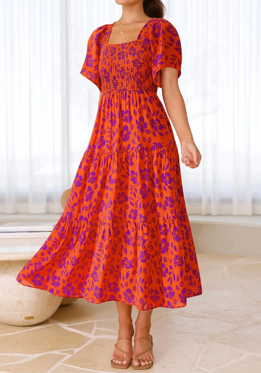 BTFBM Summer Floral Dress for Women 2025 Spring Boho Short Sleeve Square Neck Smocked Flowy Maxi Beach Vacation Dresses