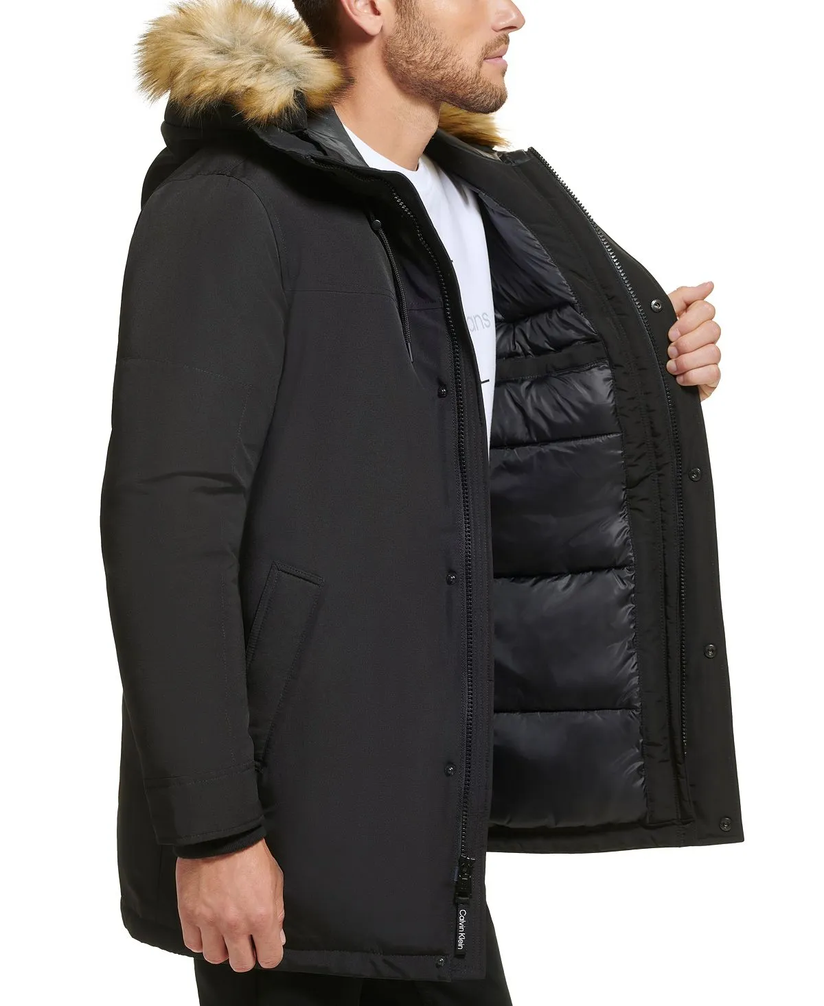Calvin Klein Men's Faux Fur Lined Hooded Long Parka black