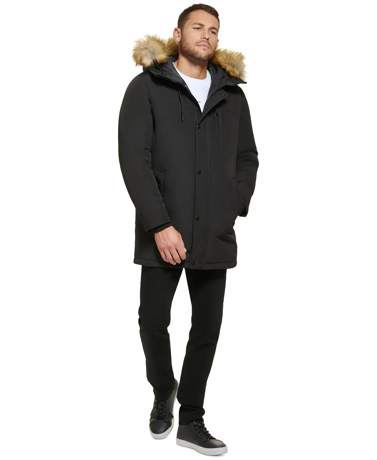 Calvin Klein Men's Faux Fur Lined Hooded Long Parka black