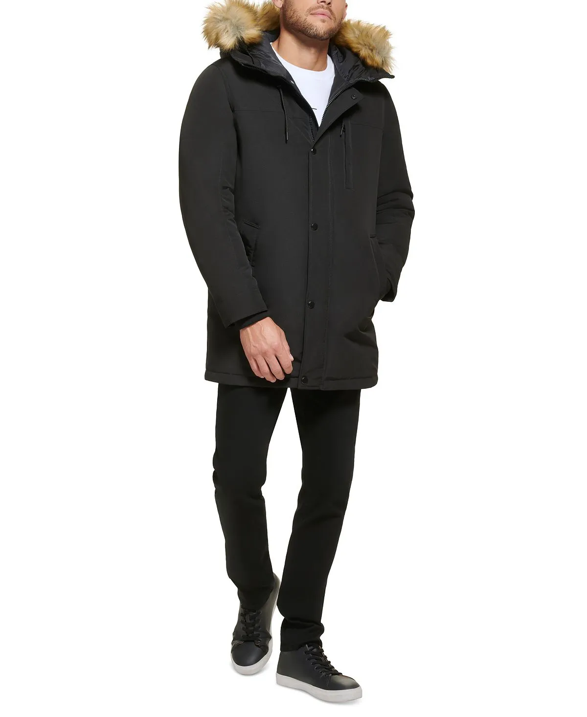 Calvin Klein Men's Faux Fur Lined Hooded Long Parka black