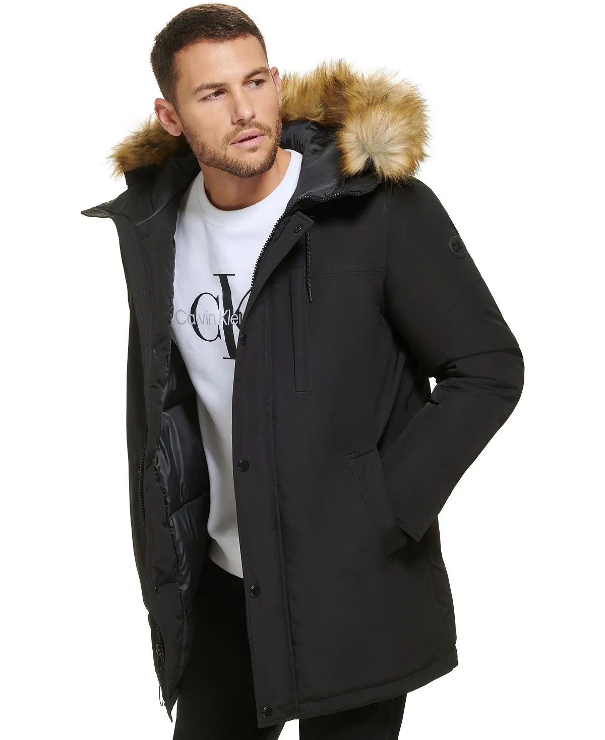 Calvin Klein Men's Faux Fur Lined Hooded Long Parka black