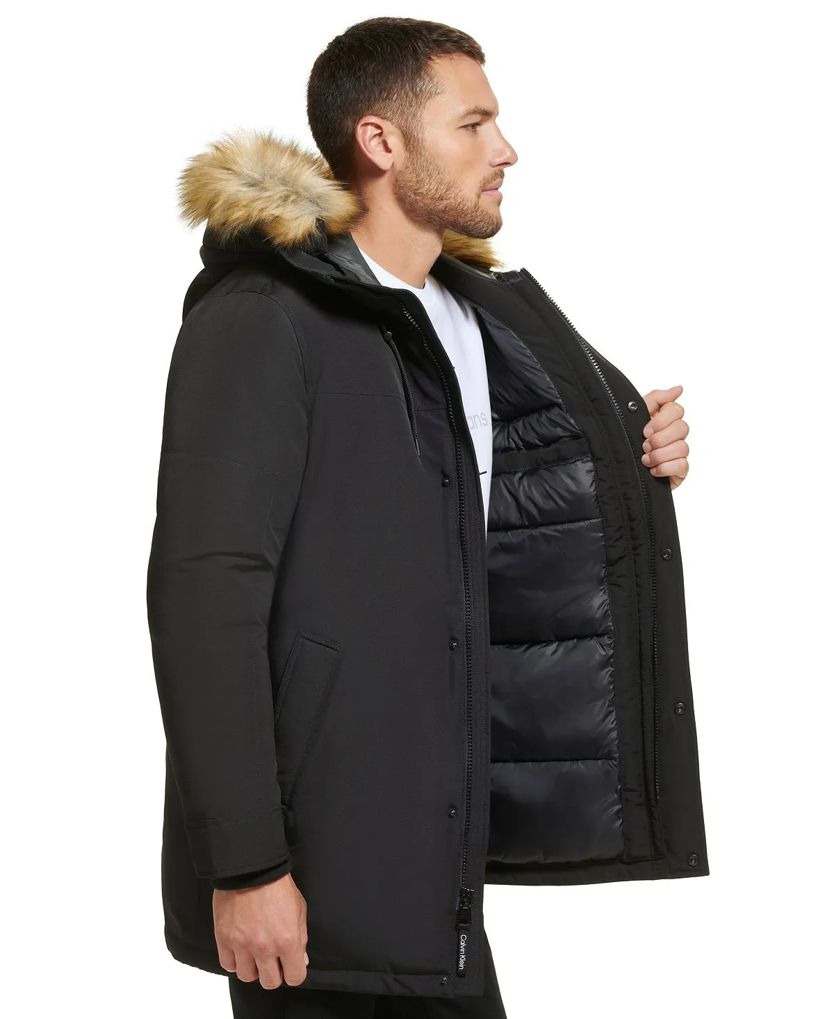 Calvin Klein Men's Faux Fur Lined Hooded Long Parka black