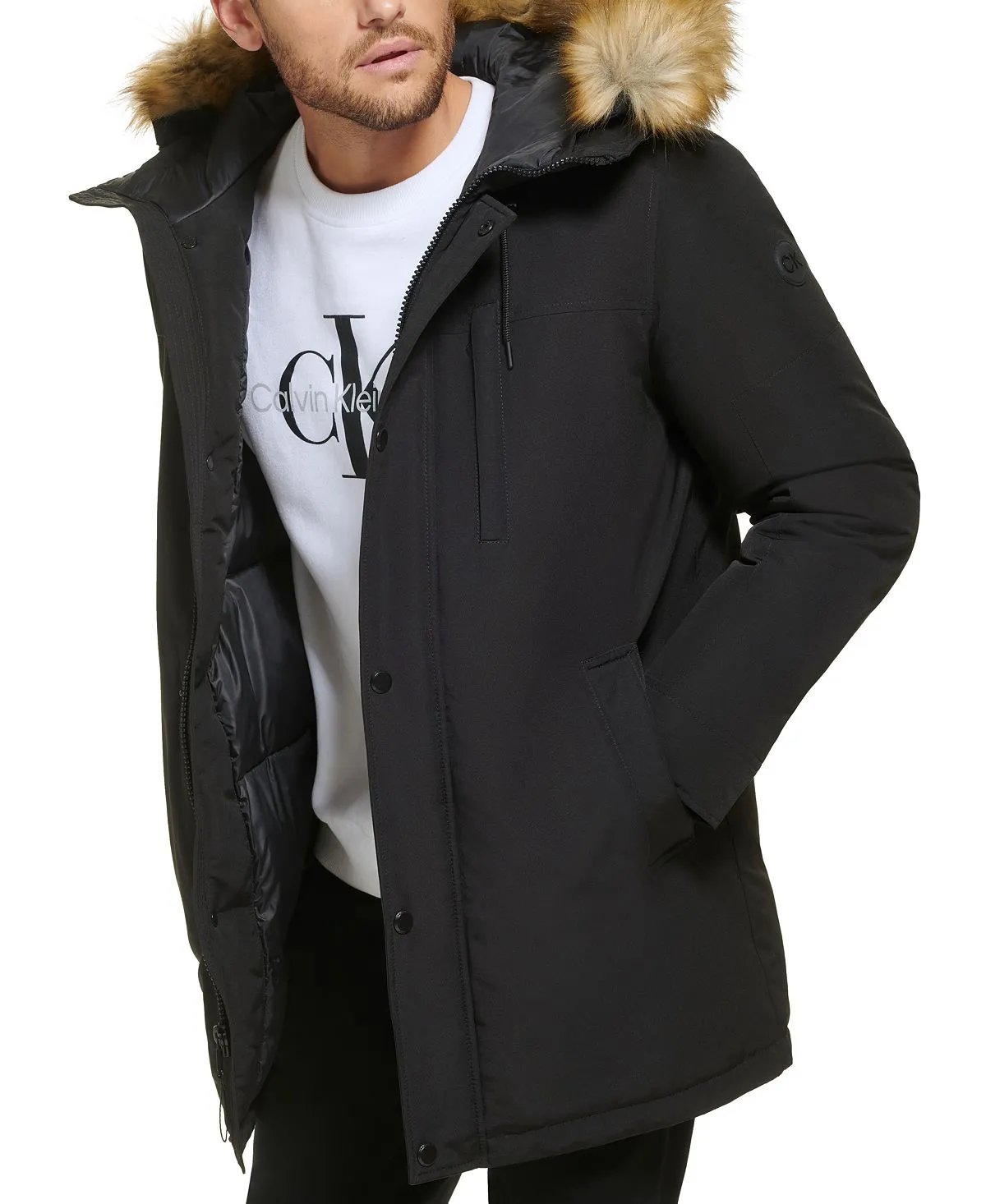 Calvin Klein Men's Faux Fur Lined Hooded Long Parka black