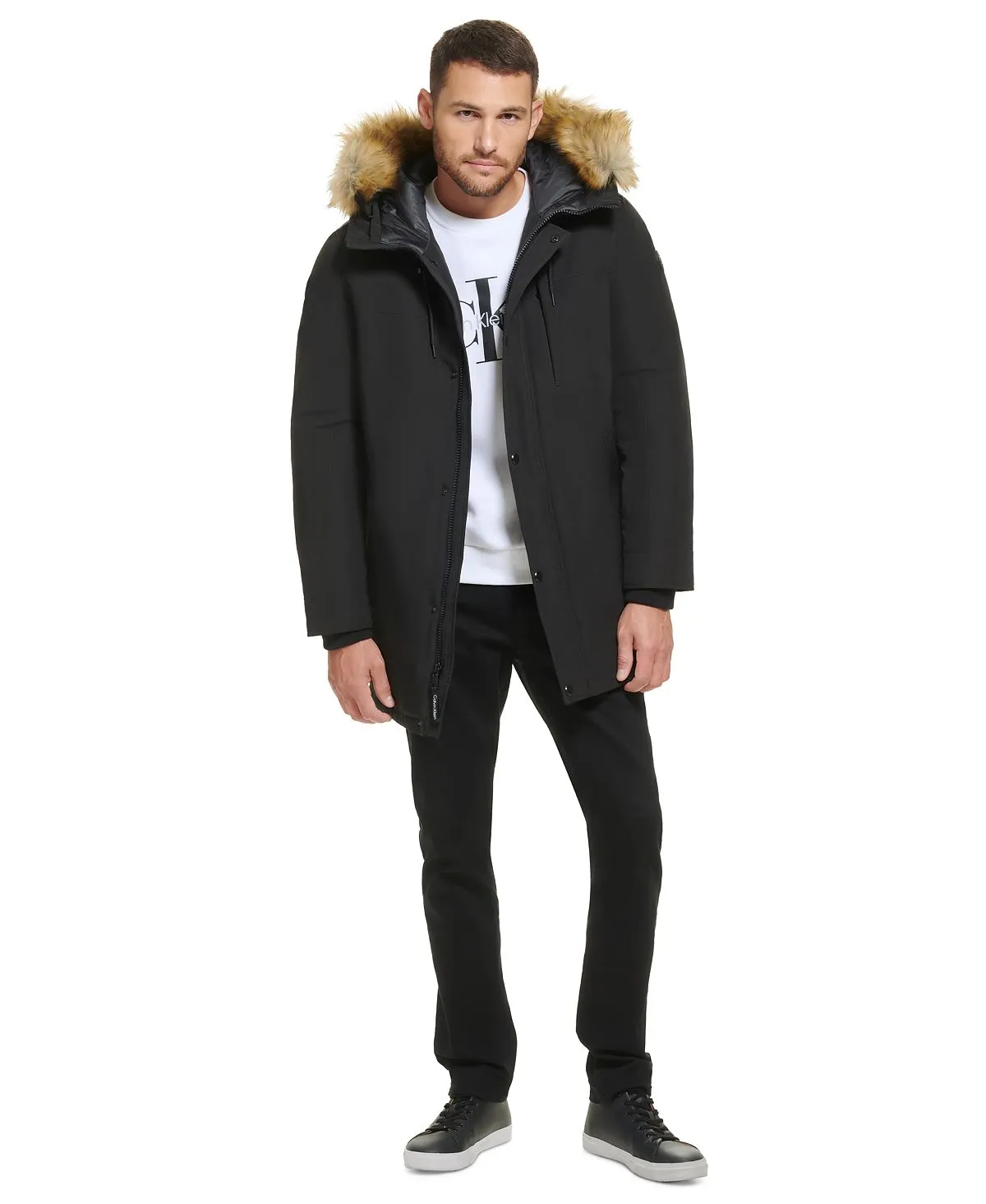 Calvin Klein Men's Faux Fur Lined Hooded Long Parka black