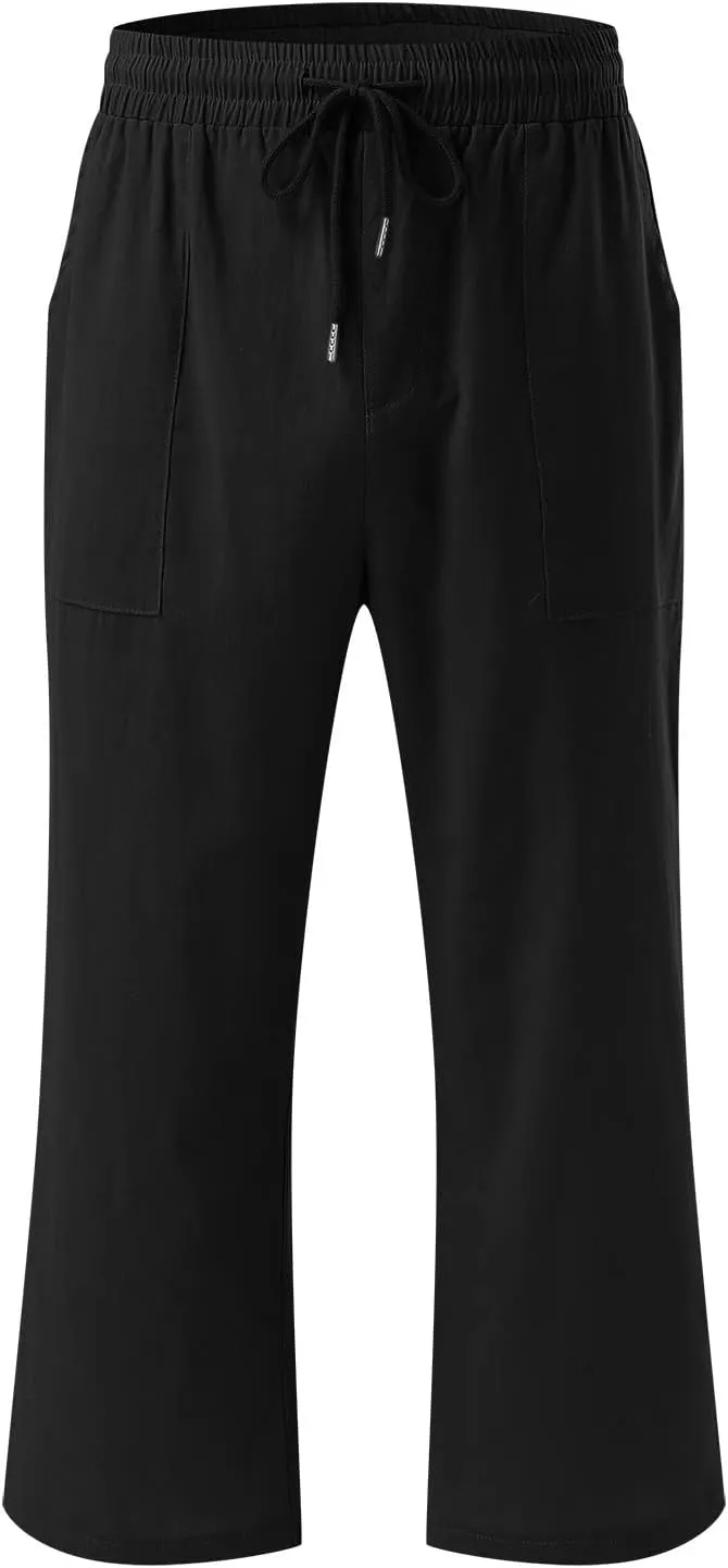Capri Pants For Women Casual Summer Linen Elastic Waist Drawstring Pants Summer Lounge Plus Size Cropped Trousers