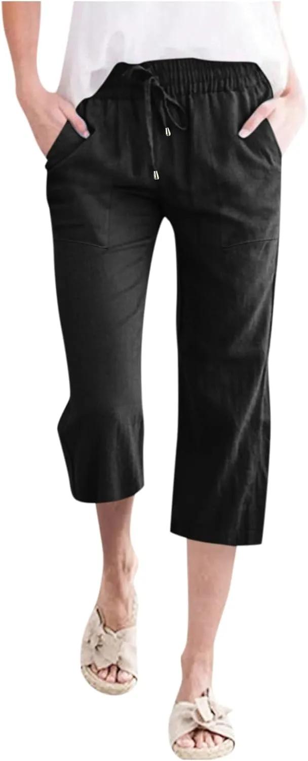 Capri Pants For Women Casual Summer Linen Elastic Waist Drawstring Pants Summer Lounge Plus Size Cropped Trousers
