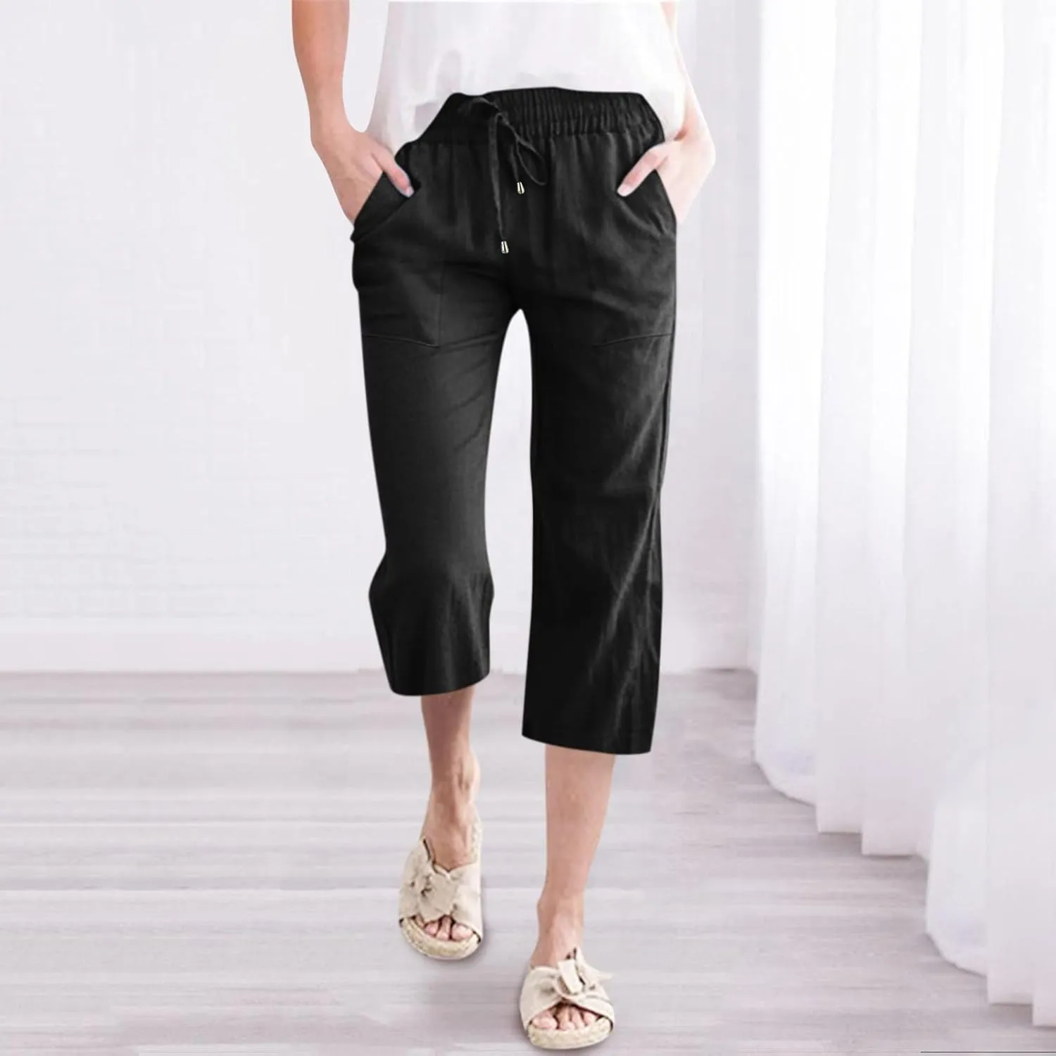 Capri Pants For Women Casual Summer Linen Elastic Waist Drawstring Pants Summer Lounge Plus Size Cropped Trousers