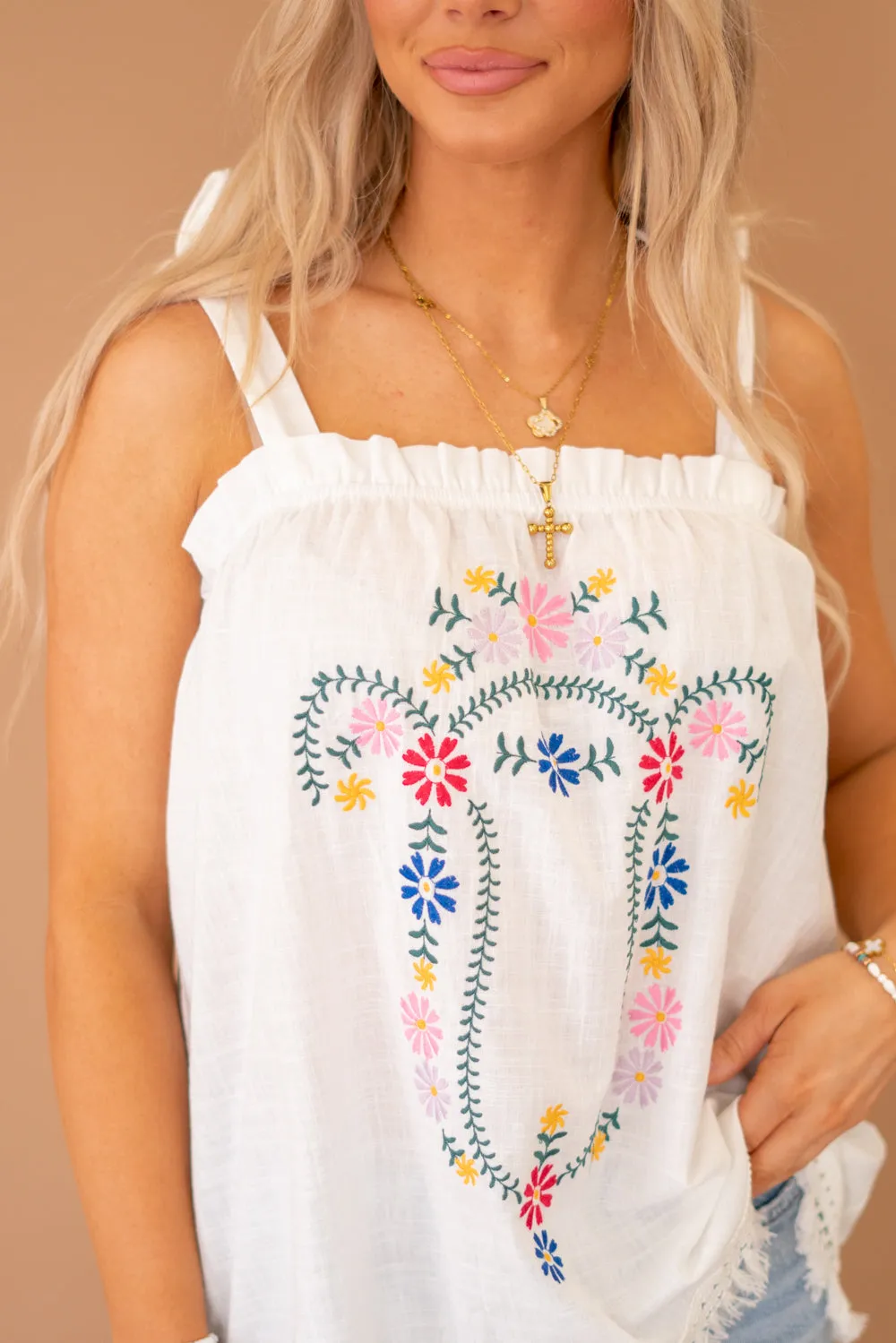 Embroidered Sleeveless Ruffle Tank Top