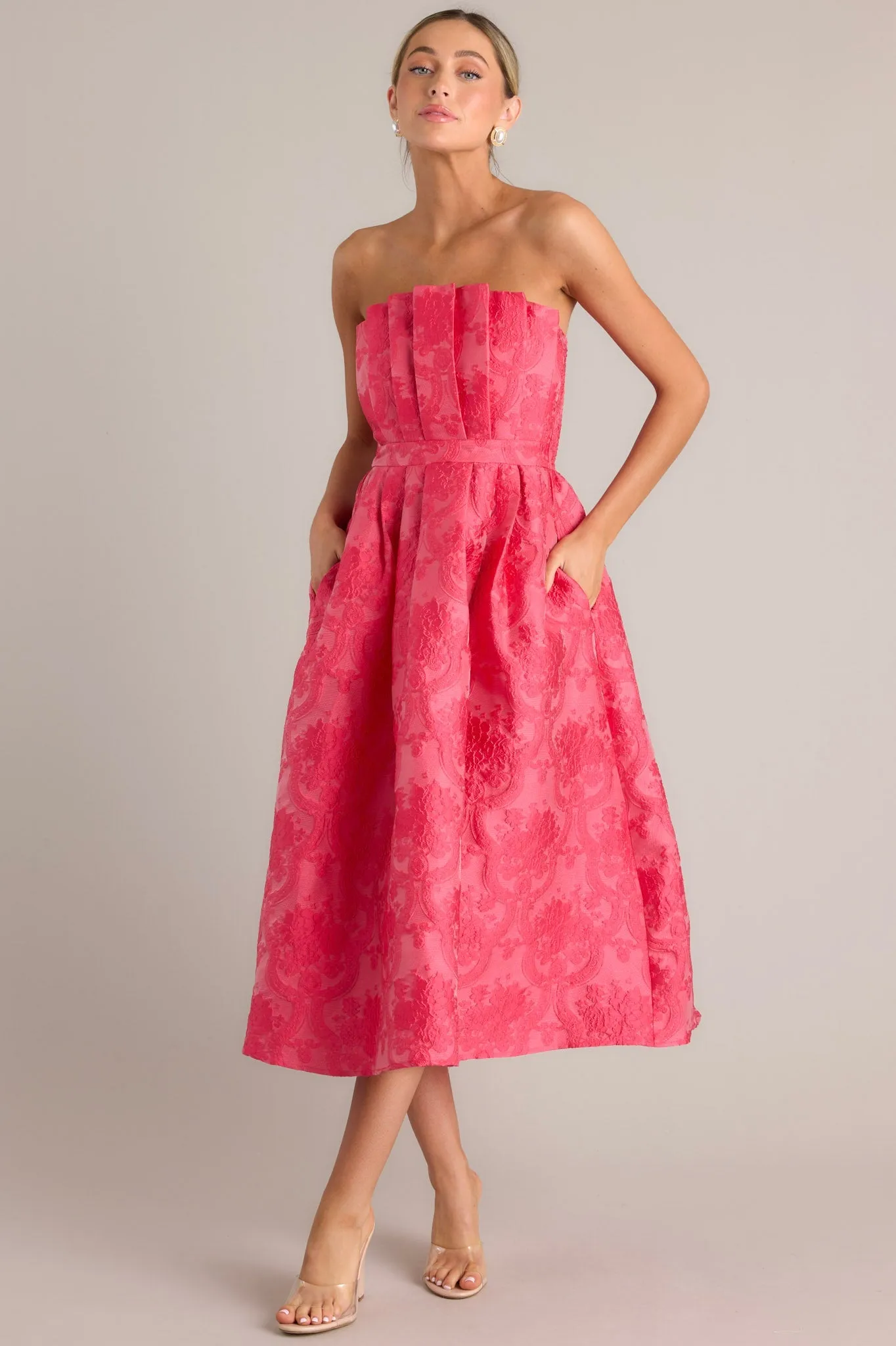 Enchanted Elegance Hot Pink Jacquard Strapless Midi Dress