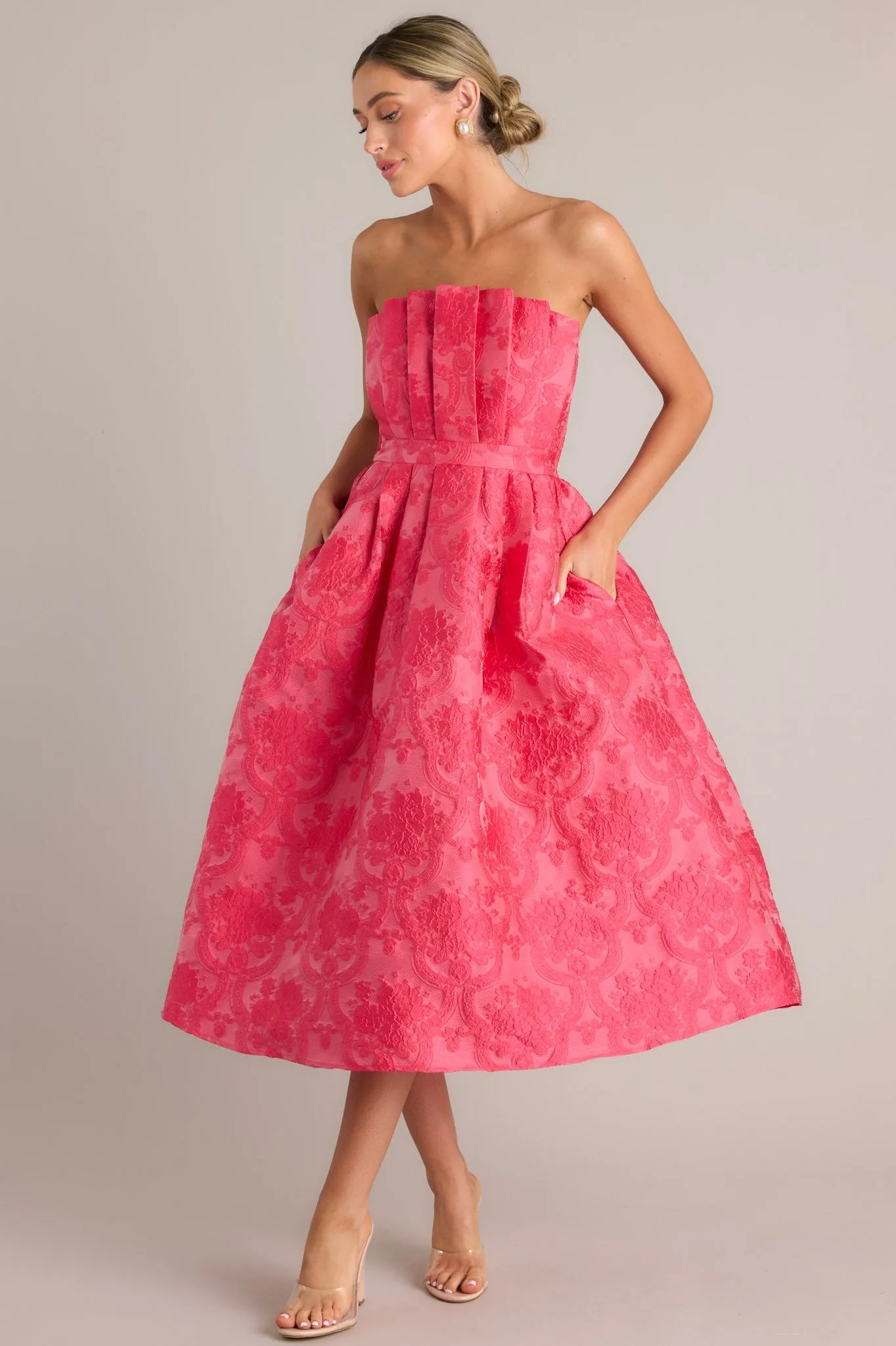 Enchanted Elegance Hot Pink Jacquard Strapless Midi Dress