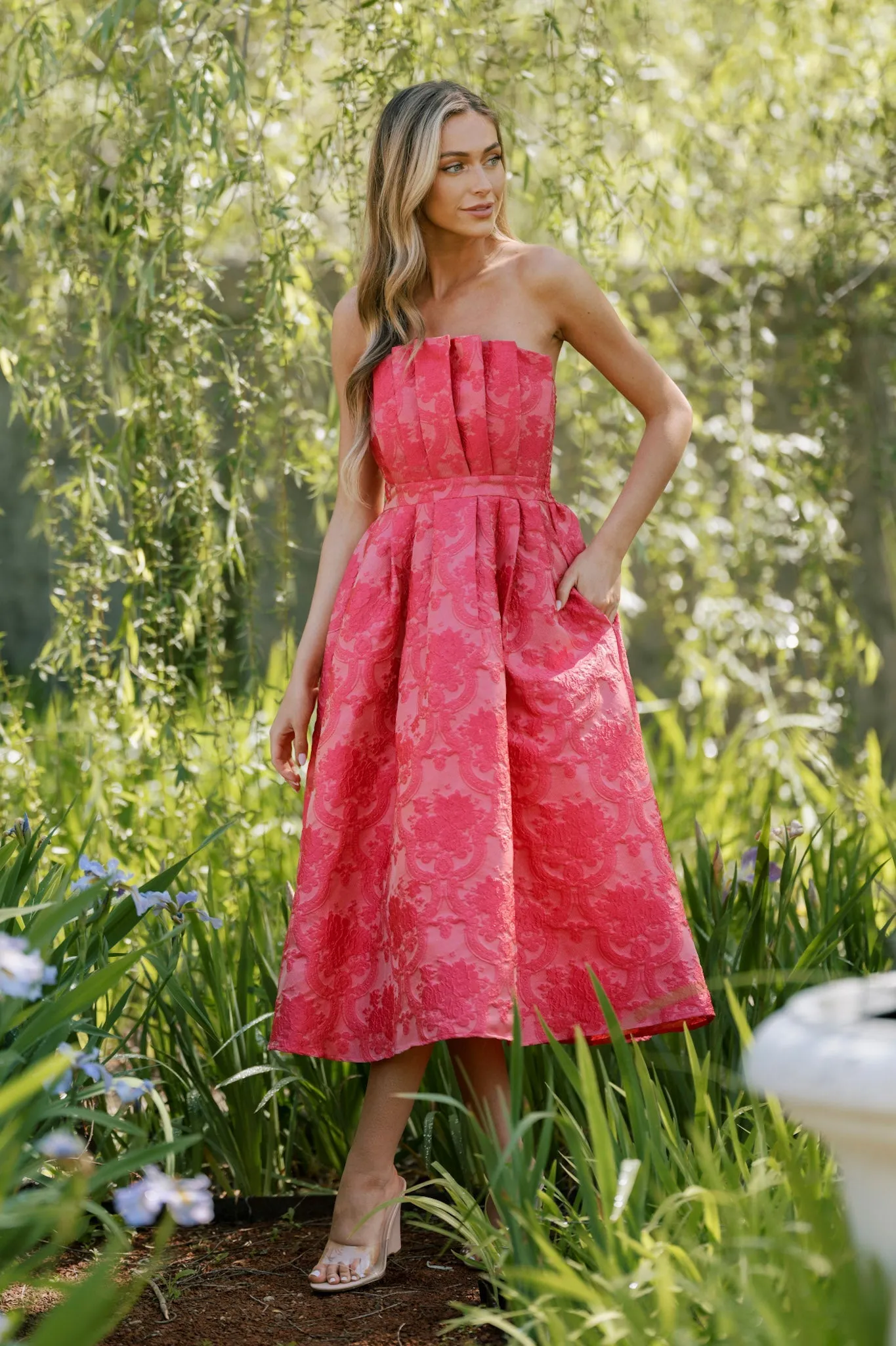 Enchanted Elegance Hot Pink Jacquard Strapless Midi Dress