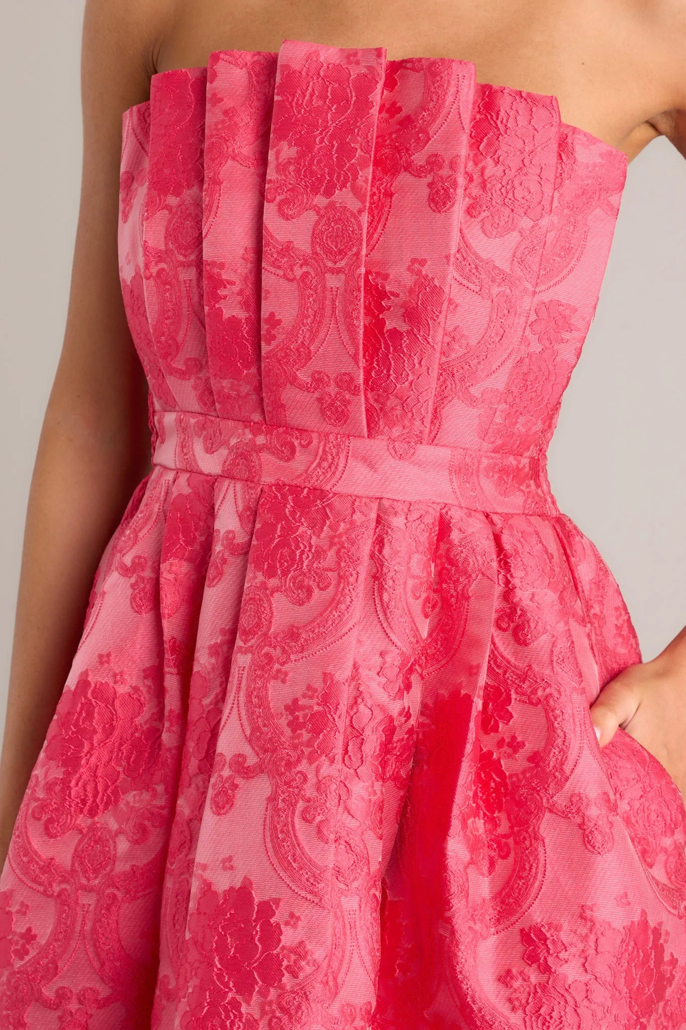 Enchanted Elegance Hot Pink Jacquard Strapless Midi Dress