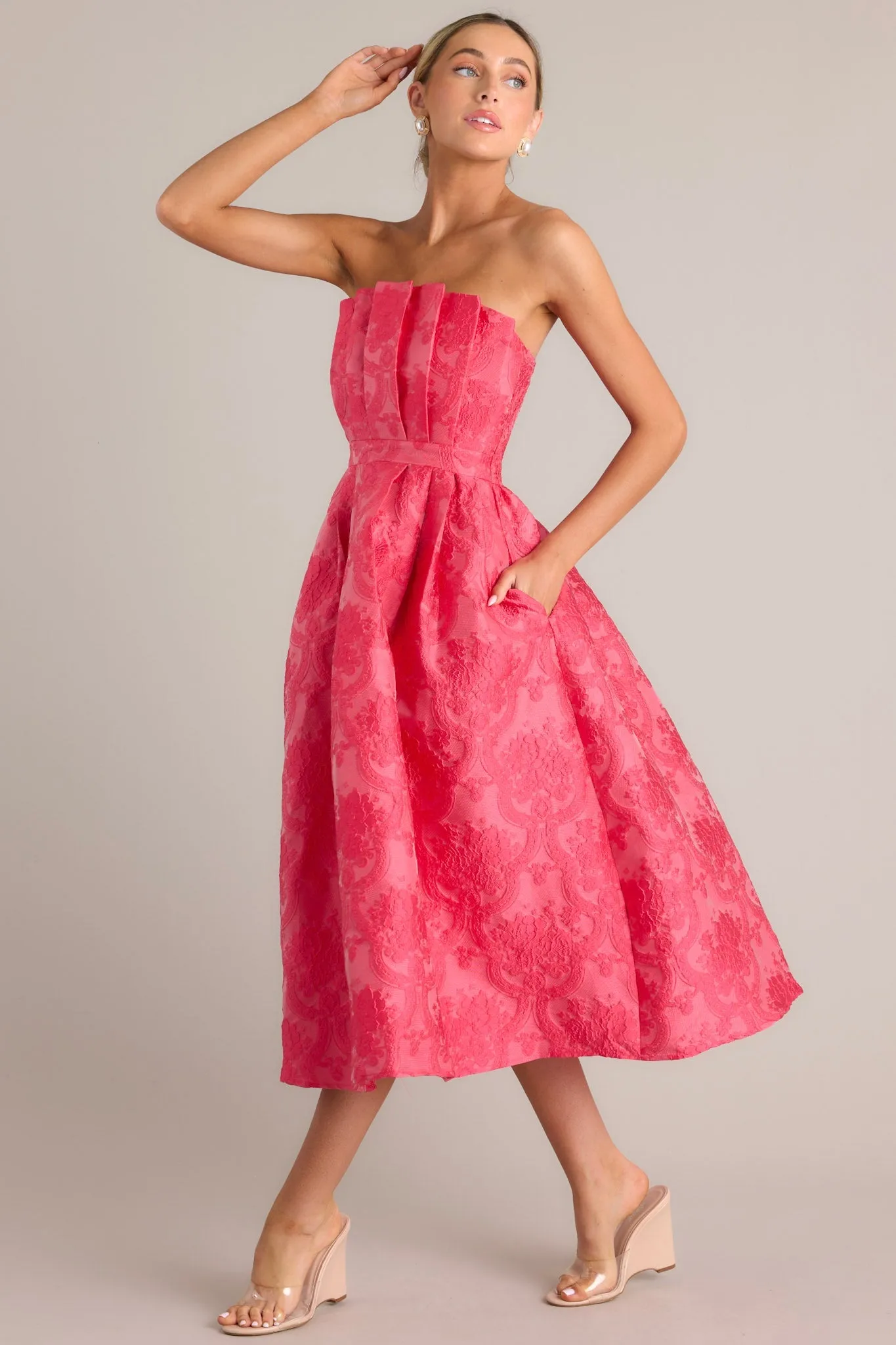 Enchanted Elegance Hot Pink Jacquard Strapless Midi Dress