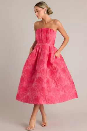 Enchanted Elegance Hot Pink Jacquard Strapless Midi Dress