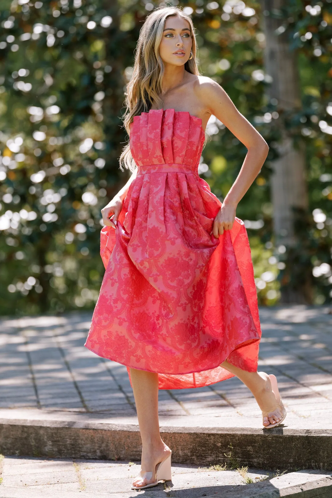 Enchanted Elegance Hot Pink Jacquard Strapless Midi Dress