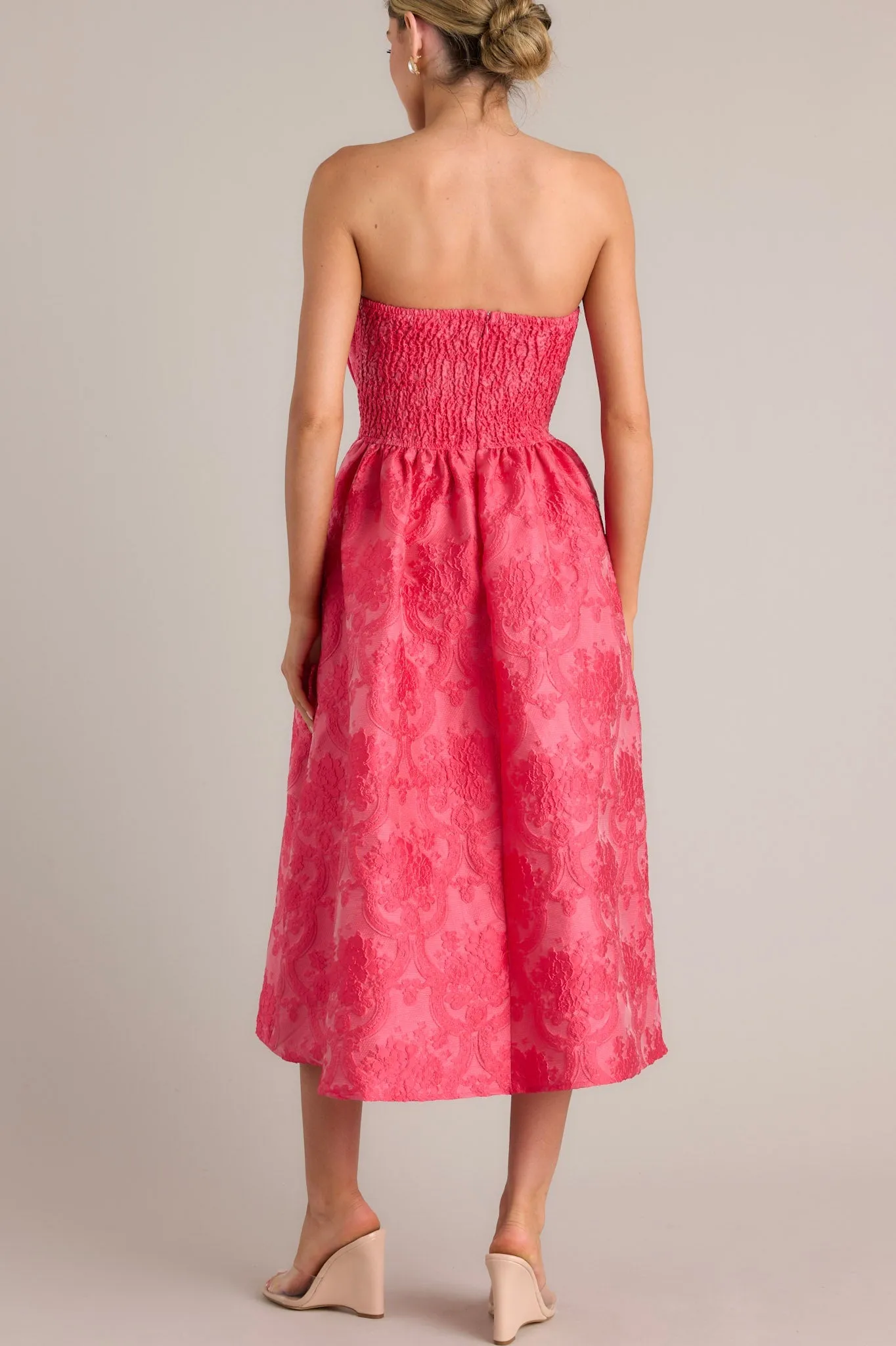 Enchanted Elegance Hot Pink Jacquard Strapless Midi Dress