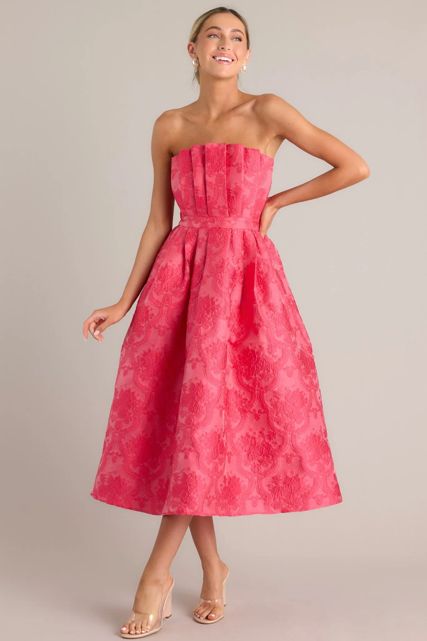 Enchanted Elegance Hot Pink Jacquard Strapless Midi Dress